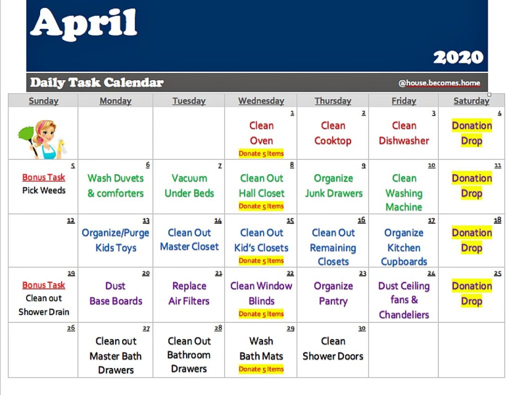 Daily Task Calendar For the Month of April House Home Interiors
